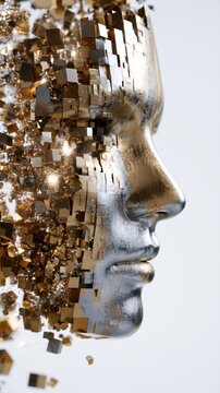 Futuristic metallic human face dissolving into reflective golden cubes symbolizing digital transformation and advanced technology concepts in profile view