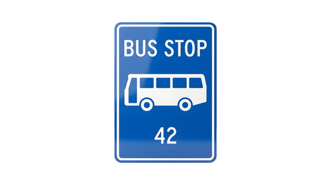 Blue bus stop sign with number 42 and vehicle icon, public transportation road sign, urban transit information board on white background