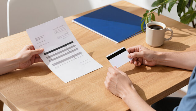 Hands hold a printed form and a blank payment card across a sunlit wooden table, with a blue folder, coffee cup and leafy plant creating a bright home workspace