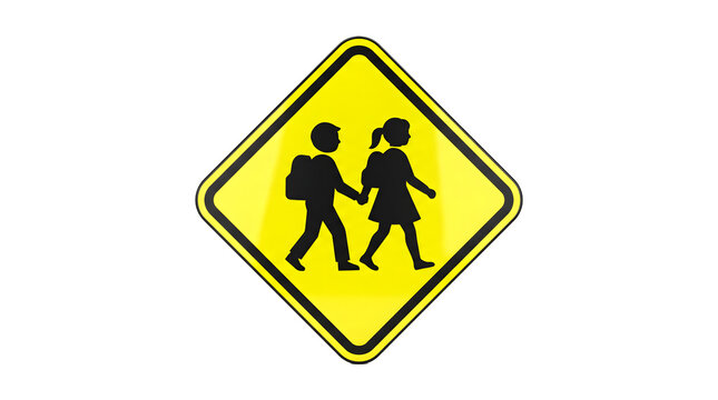 Yellow school crossing sign with children silhouettes, diamond shaped traffic warning symbol, school zone safety road sign on white background