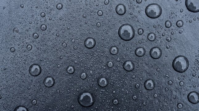 Clear water droplets on a dark textured slate surface