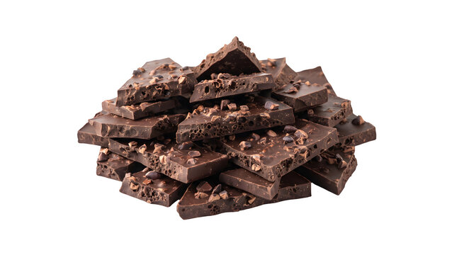 Dark chocolate pieces with cocoa nibs, pile of broken gourmet chocolate bars, organic cocoa bean fragments on brown chocolate chunks isolated on white