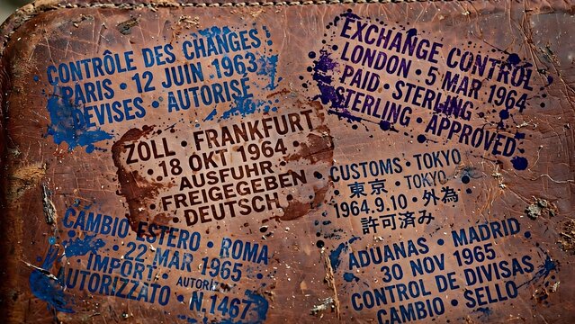 Aged leather surface marked with vintage international finance and customs control stamps from the 1960s, reflecting historical paper-based communication.