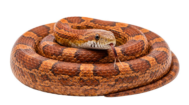 Corn snake coiled on white background, orange and brown pantherophis guttatus reptile, exotic pet snake with flicking tongue isolated