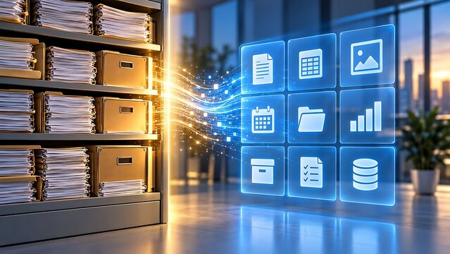 Electronic document management system extracting digital data from physical filing cabinet into virtual interface