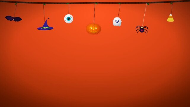 Halloween flat vector icons hanging on orange background banner
