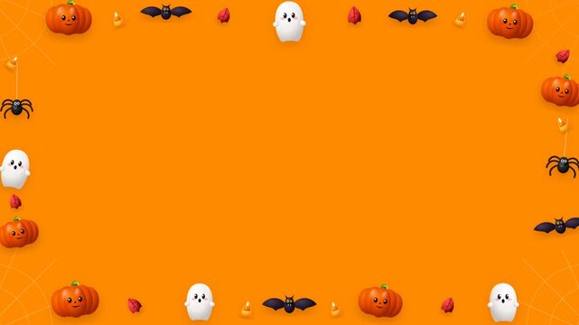Halloween festive frame with cute pumpkins ghosts and bats on orange background for seasonal party invitation or social media layout