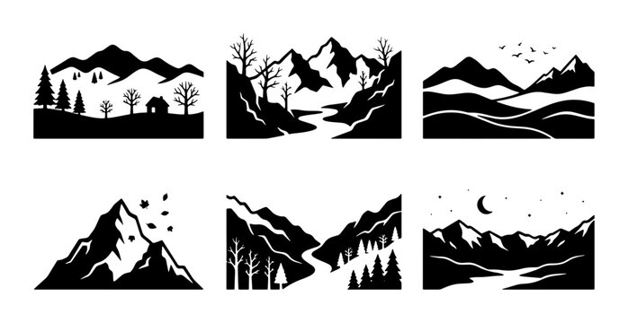 Black and white landscape silhouettes, minimalist mountain range and