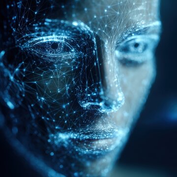 Digital human face constructed from blue glowing network connections and particles representing artificial intelligence and futuristic technology concepts