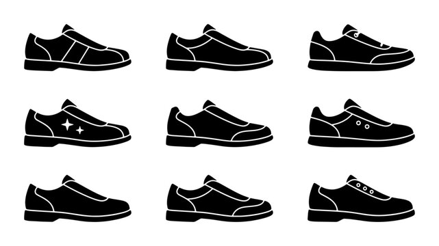 Black and white shoe icons, flat graphic design, men's footwear