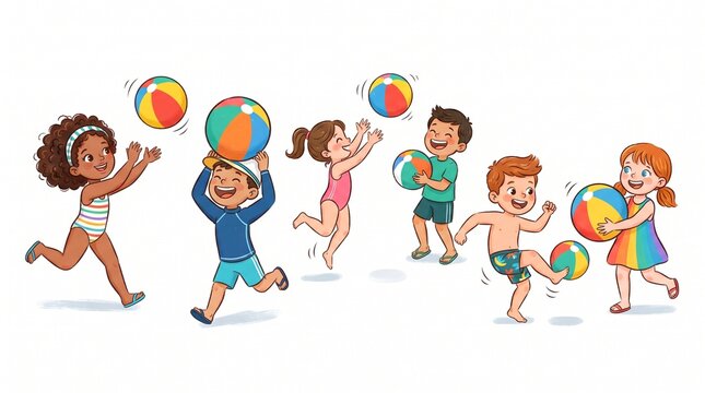 Colorful children playing with beach balls, featuring boys and girls running, tossing, holding, and balancing multicolored balls in playful summer activity illustrations on white background.