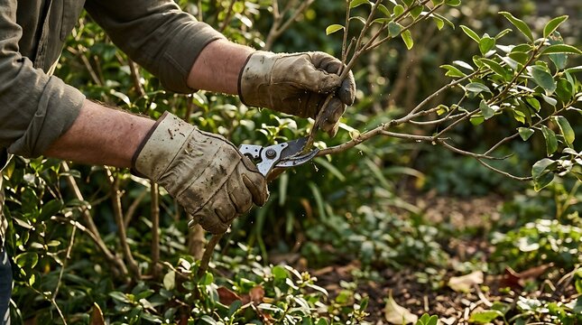 Close up of a gardener wearing protective gloves using pruning shears to trim a green garden hedge