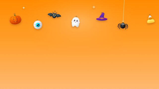 Cute Halloween icons hanging on orange background copy space
