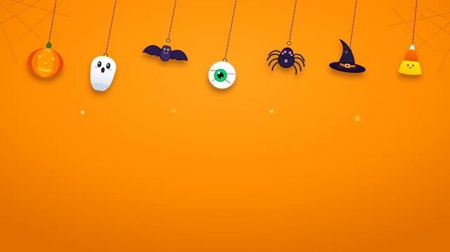 Adorable Halloween hanging characters with pumpkin ghost bat eye spider witch hat and candy corn over a bright orange surface