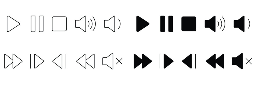 Media player button icons set including play, pause, stop, volume up, volume down, fast forward, next track, previous track, rewind, mute vector illustration.