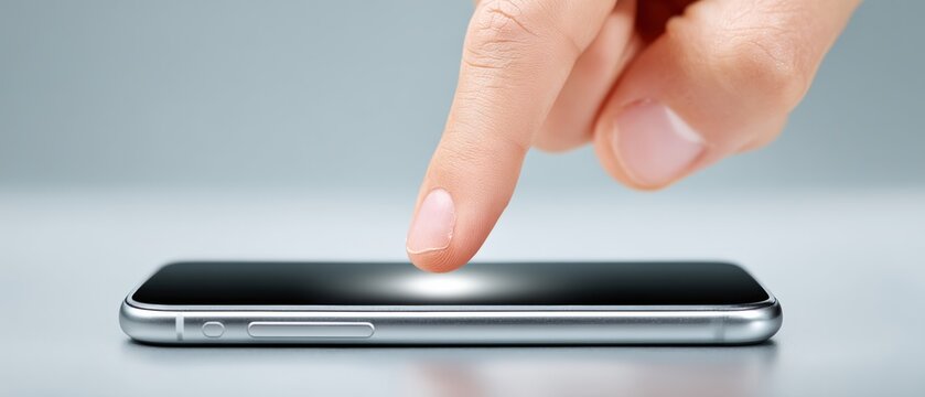 A finger gently touches the surface of a smartphone screen illuminated by soft light representing the essence of contemporary technology and personal interaction in everyday life