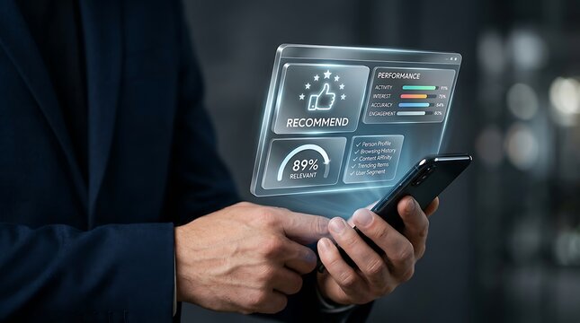 Businessman using a smartphone with a holographic recommendation engine dashboard showing relevance and performance