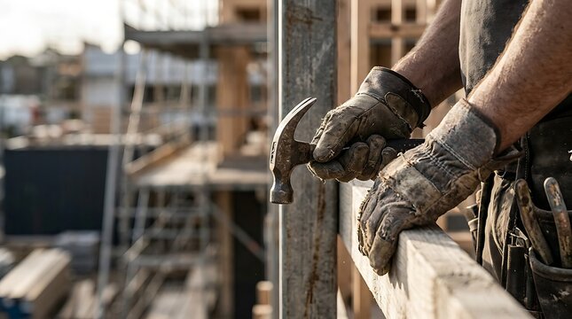 Construction worker wearing protective gloves using a hammer to drive a nail into a wooden frame