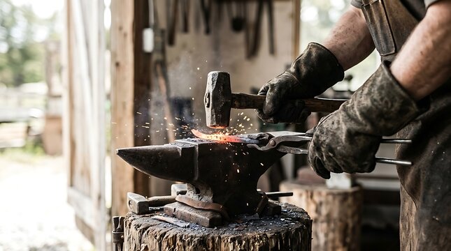 A skilled blacksmith forging a piece of glowing hot metal on an anvil in a workshop