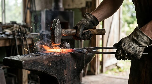Blacksmith hammering glowing hot metal on an anvil inside a traditional workshop with sparks flying everywhere