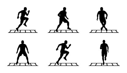 Obraz premium Black male silhouettes exercising on agility ladder, fitness and