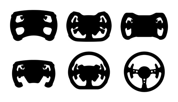 Black steering wheels set, racing game icons, driving simulator