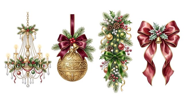 Set of elegant christmas decorations with gold ornaments, pine branches, and red ribbons isolated on white