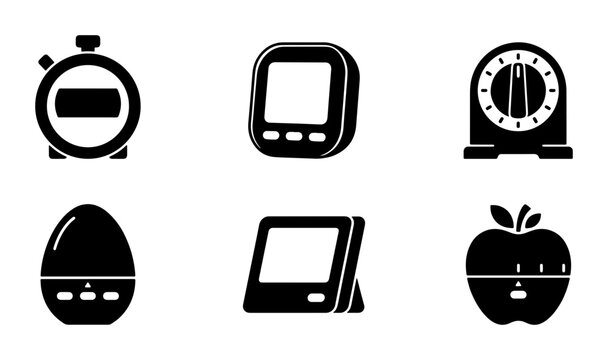Black kitchen timer icons, stopwatch, egg, apple, digital display