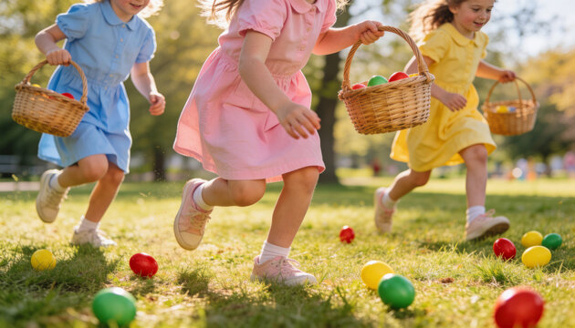 Kids in pastel outfits hunting eggs in sun-dappled park. Blurred action, wicker baskets