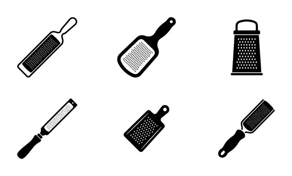 Black kitchen graters and zesters, graphic icons for food prep and