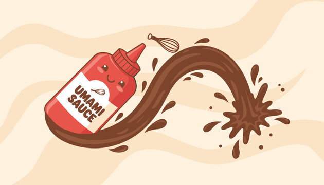 Cute red squeeze bottle of umami sauce with a happy smiley face splashing rich brown sauce vector illustration.