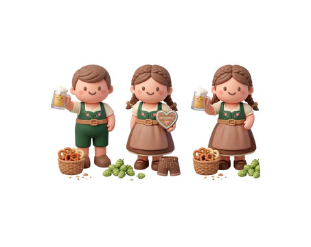 3D cute character set of a Bavarian couple with beer mug pretzel and gingerbread heart for Oktoberfest isolated on white background