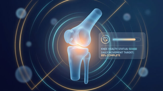 3D X-ray illustration of a human knee joint glowing red to indicate pain, inflammation, or arthritis.