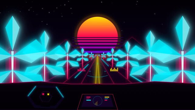 A completely overhauled, ultra-cool 4K seamless loop of a synthwave cockpit driving through a neon cyber-city. 