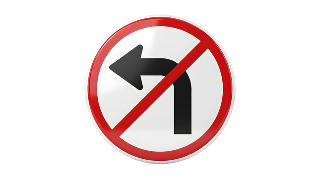 No left turn traffic sign, circular red and white regulatory road signal, prohibited direction symbol isolated on white background