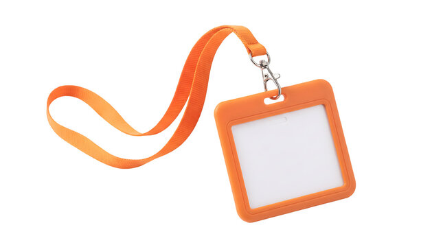 Orange lanyard with plastic ID badge holder, blank name tag mockup for corporate events, security identification card with neck strap
