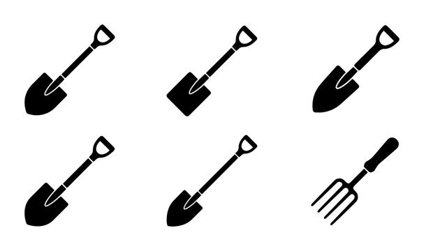 Black shovels and garden fork icons, tools for digging and gardening