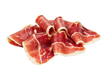 Fototapeta premium Thinly sliced cured jamon iberico ham rolled into small bundles isolated on a transparent background