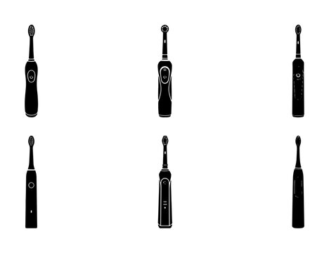 Black electric toothbrushes icons, clean design, hygiene and health