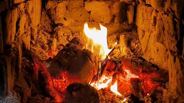Warm flames flicker and dance among glowing logs, casting a comforting orange-yellow light inside a rustic brick fireplace.