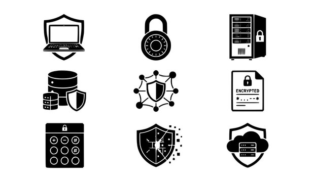 Digital Cyber Protection Symbols with Secure Servers Computers Encryption Padlocks Shields and Private Data Technology Icons
