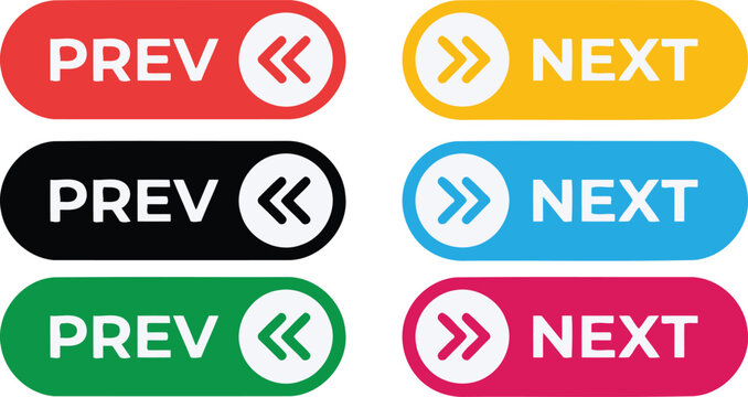 Colorful navigation buttons for previous and next actions with arrow icons on a white background