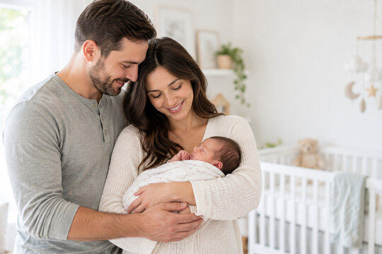 Happy parents holding their sleeping newborn together