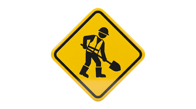 Yellow road construction sign with worker icon, diamond shaped warning signal for street repairs, industrial safety symbol on white background