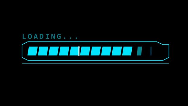 Premium minimal vector motion graphics animation of a futuristic cyan-blue horizontal segmented loading bar in extended slow motion, data scanning indicator, stepper frame, blinking loading text heade
