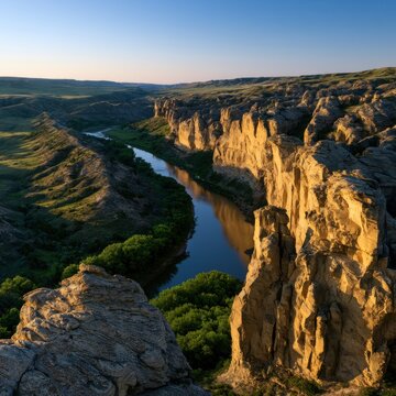 Sunset over rugged canyon cliffs with winding river and lush green foliage in a vast remote landscape under clear blue sky
