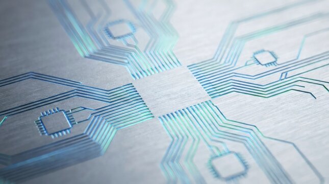 Metallic Silver Surface with Glowing Etched Circuit Pattern Macro Detail.