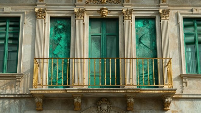 Vintage facade with decorative balcony and ornate architecture in classic European style
