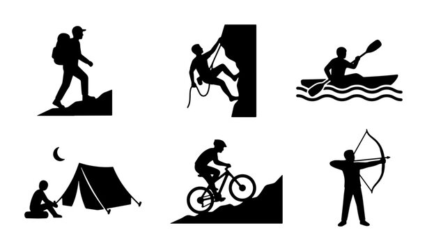 Black silhouette outdoor adventure icons, camping, climbing, kayaking