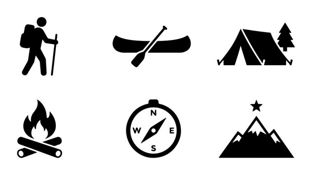 Black outdoor adventure icons, hiking, camping, canoeing, compass